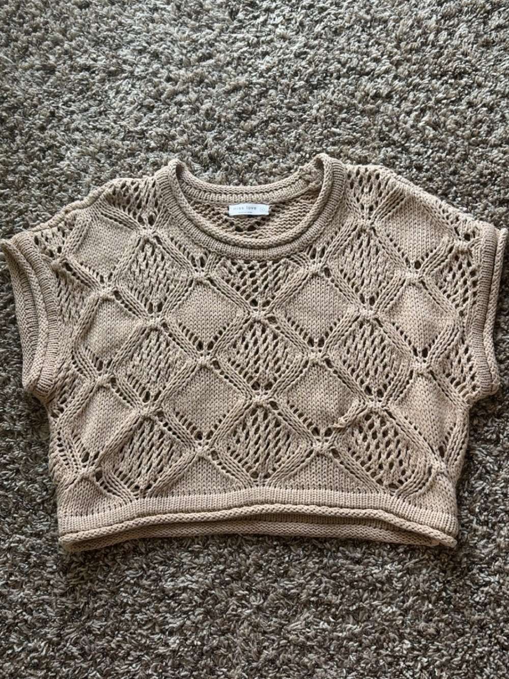 Miss Love Beige Open-Knit Cropped Sweater Top
